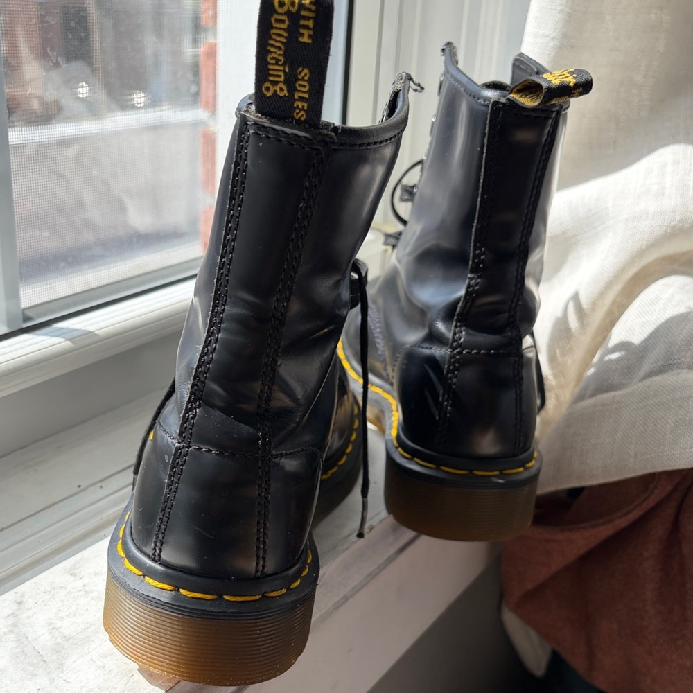 Dr. Martens Black Leather 8-Eye Combat Boots with Yellow Stitching - Picture 2 of 4